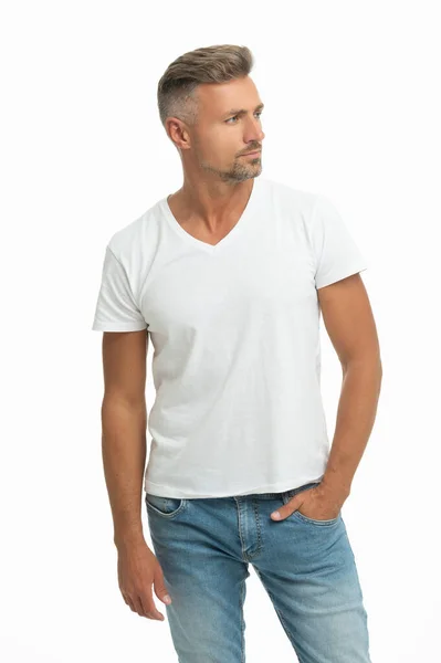 This is what handsome look like. Handsome guy in white tshirt. Caucasian man keep hand in pocket — Foto Stock