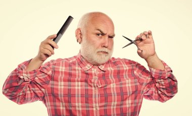 Really bad shave. cut and brush hair. mature bearded man isolated on white. unshaven old man has moustache and beard. shaving scissors tool kit. barbershop concept. shaving accessories