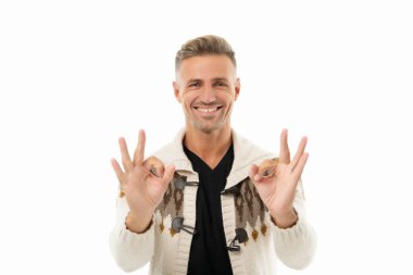 Happy caucasian man in cardigan show double OK ring gestures isolated on white, okay