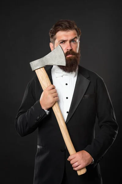 Bearded man holding axe. Brutal barber. Barbershop. Barbering. Your beard speaks for itself — ストック写真