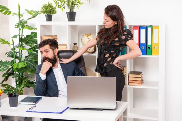 Woman boss touching and harassing man secretary working in office, harassment — Stockfoto