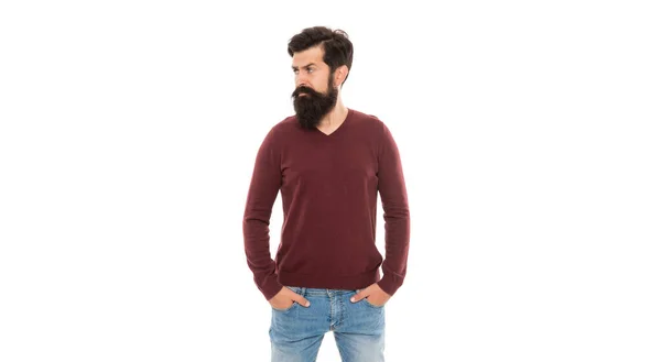 Serious brutal hipster with beard isolated on white background, fashion model — Fotografia de Stock