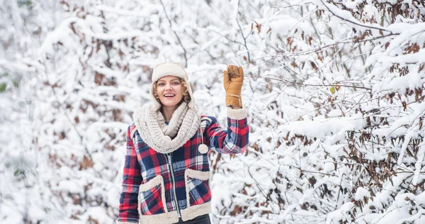 Favorite season. Walk in snowy forest. Happy girl having fun outdoors. Christmas time. Winter outfit. Woman wear warm accessories stand in snowy nature. Winter fashion collection. Winter admirer — Stockfoto