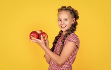 Sadece organik yiyecekler. Doğal ve sağlıklı. Mutlu çocukluk. Çocuk elma yiyor. Meyveli çocuk. Genç kız elma taşıyor. Sonbahar hasadı. Bahar mevsimi meyveleri. Vitamin dolu. Bahar güzeli