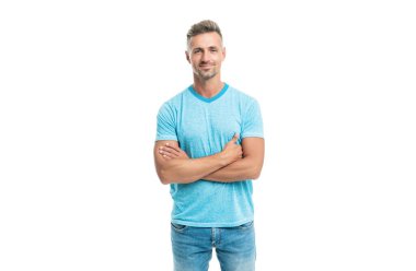 cheerful handsome mature guy with graying hair isolated on white background, mens beauty