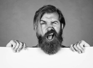 Olgun sakallı adam uzun saçlı kağıt tutucu, fotokopi alanı, yönetim