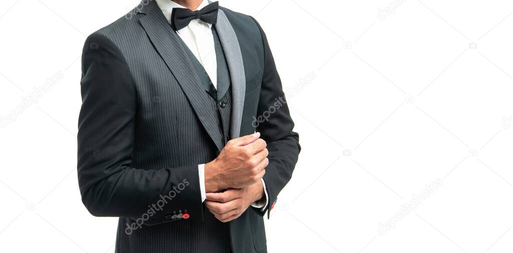 cropped man in bow tie suit. businessman isolated on white with copy space. formal wear concept.