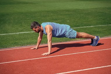 Egzersiz yapan güçlü adam. Kaslı adam spor yapıyor. Tahtadaki adam. Spor ve sağlıklı rutin. Spor başarısı. Erkek sporcu sabah egzersizi yapar. şınav egzersizi. Sporcu dışarıda planking yapıyor. sağlık hizmetleri