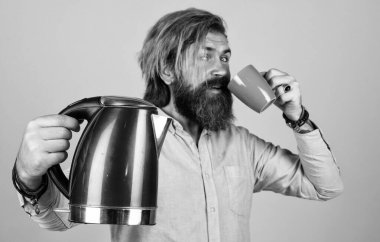 Sakallı ve bıyıklı adam çay yapıyor. Sıcak çay iç. Sakallı adam mağaza asistanı mutfak aletlerini sunar. Oda servisinde kullanışlı. Olgun karizmatik erkek elektrikli su ısıtıcısı kullanır. seçici odak