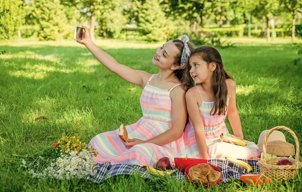 Di 'cheese. I bambini felici si fanno un selfie al picnic. Sparatoria selfie. La vita moderna. Nuove tecnologie. Vacanze estive. Riunione di famiglia. Mangiare all'aperto — Foto Stock