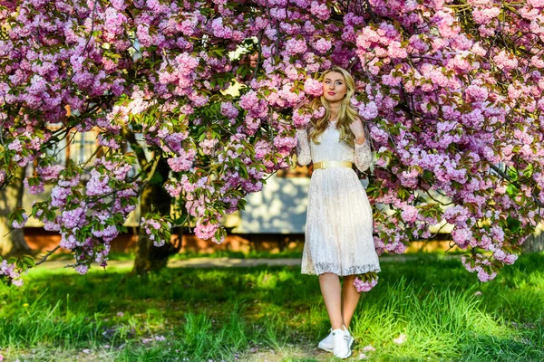 Alergia estacional. Perdido en las flores. Flor de flor de cerezo chica. Moda de primavera. Flor de sakura de primavera de mujer. Mujer rubia en el jardín. Concepto aromático. El árbol Sakura florece. Temporada Sakura. Fragancia tierna —  Fotos de Stock