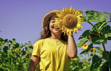 Şuna bir bak. Ayçiçeğinin sarı çiçeği. Mutlu çocukluk. Güzel bir kız tarlada hasır şapka giyer. Çiçekli güzel çocuk. Yaz doğasının güzelliği. Ayçiçeği tarlasında küçük bir kız