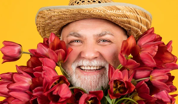 Sorridente velho aposentado homem no chapéu segurar tulipa buquê de flores no fundo amarelo — Fotografia de Stock