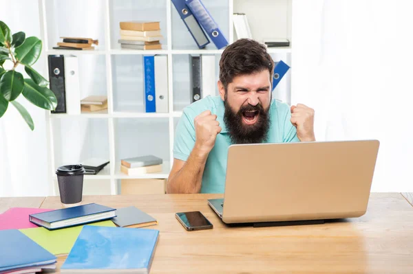 Aufgeregte Geschäftsmann glücklich schreien in Laptop machen Siegergeste am Schreibtisch, gewinnen — Stockfoto