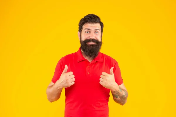 Homem barbudo confiante e bonito no fundo amarelo. cabelo e barba cuidado. — Fotografia de Stock