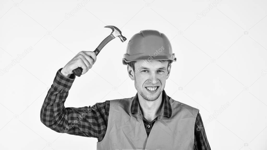 Man repair master knoking own head claw hammer, blockhead concept