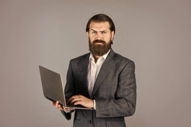 İletişim devrede. Modern iş dünyasındaki yeni teknoloji yalan söylüyor. Bilgisayarlı, beyaz sakallı hippi. Erkek çalışanın elinde finans raporu ve laptopta ortak çalışma alanı araştırmaları var.