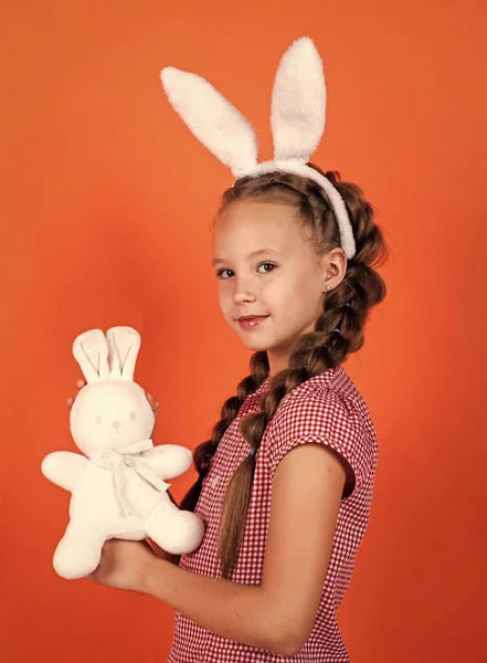 Easter vibes. teen girl wear bunny ears. happy easter. just having fun. spring holiday tradition. ready for egg hunt. happy childhood. kid in rabbit costume. child in hare ears and hold toy — Stock Photo, Image