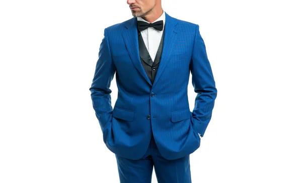 Levágott férfi kék öltönyben és csokornyakkendőben. üzletember elszigetelve a fehéren. vezérigazgató hivatalos viseletben — Stock Fotó