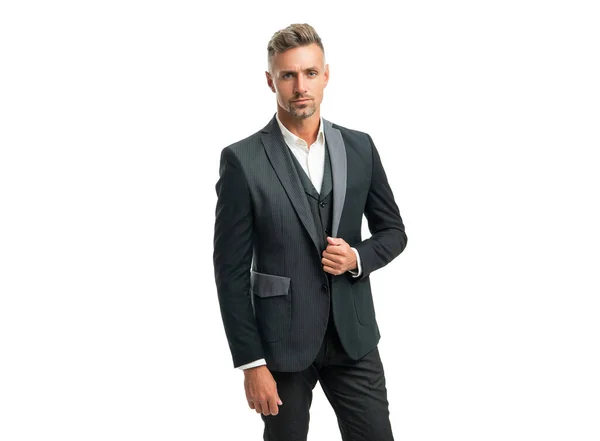 Grizzled man in formal tux isolated on white — Stock Photo, Image