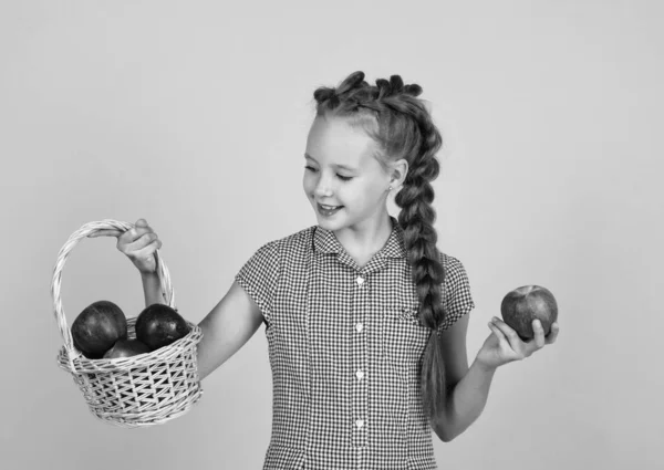 Дівчинка-підліток носить яблука в кошику. осінній урожай. весняний сезон фруктів. повний вітамінів. тільки органічна їжа. природний і здоровий. щасливе дитинство. дитина їсть яблуко. дитина з фруктами — стокове фото