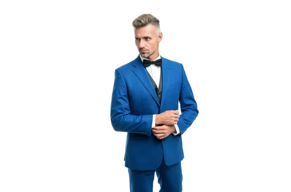 Mature man has graying hair in bow tie blue suit. gentleman in formal wear. — Stock Photo, Image