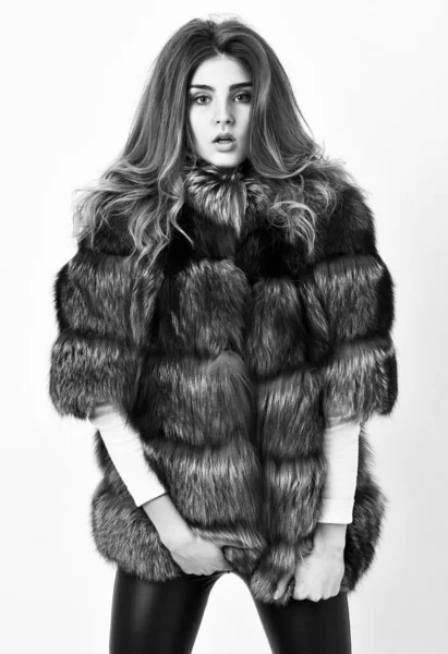 Vêtements de luxe élite hiver. Manteau de fourrure marron féminin. Modèle de magasin de fourrure posant en peluche douce et chaude. Jolie fashionista. Maquillage et coiffure de femme posant vison ou manteau de fourrure sable. Concept de mode fourrure — Photo