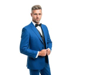 Papyonlu, mavi takım elbiseli olgun bir adam. Beyaz iş adamı. Resmi giyinen büyük patron. Boşluğu kopyala