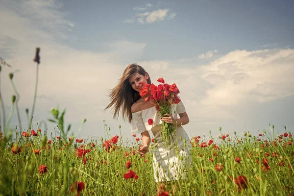 Nyári virágrét. Gyönyörű hölgy a mákok között. ópium. boldog lány gyűjtése tavaszi csokor. — Stock Fotó