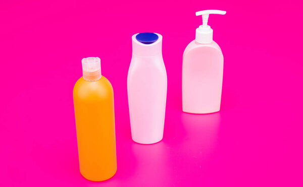Milticolor HDPE containers with flip caps and pump dispenser for cosmetic product packing, bottles