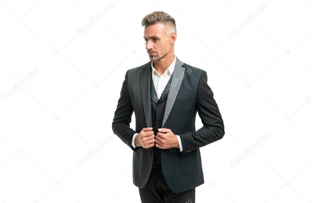 hoary man in formal tuxedo isolated on white