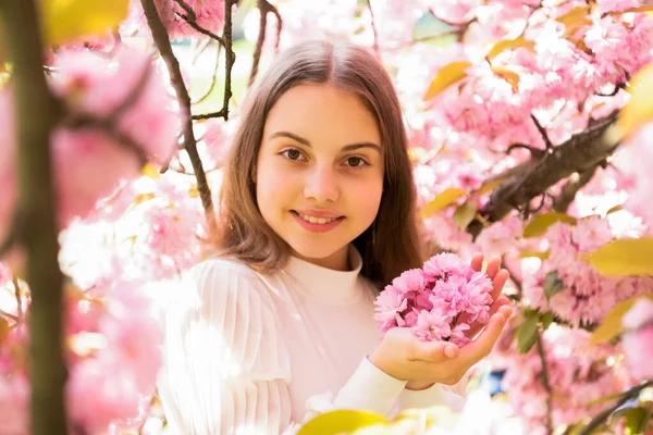 Весной улыбающийся ребенок цветет цветок сакуры — стоковое фото
