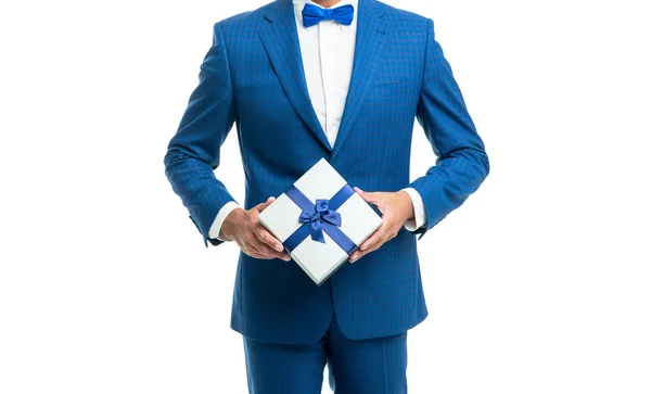 Cropped man in blue bow tie suit hold present box isolated on white — Stock Photo, Image