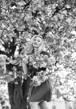 Mutlu bahar günleri. Bahar sembolü Kız bahçedeki sakuranın tadını çıkarıyor. Dinlen ve tatil yap. Bahar çiçeği. Kiraz ağacı. Çiçek aroması. Çiçeklerin kadınları neden her zaman mutlu ettiğini. Parfüm ve kozmetik