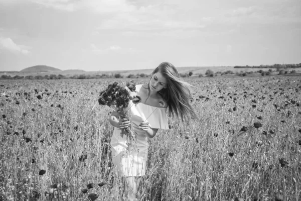 Bella donna raccogliere bouquet di fiori di papavero rosso in campo. natura estiva o primaverile. paesaggio di bellezza stagionale. giovane ragazza in abito bianco camminare nel prato. vacanza. senso di libertà — Foto Stock