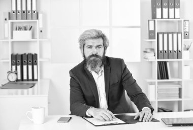 İş çözümleri. Sakallı patron. Standartları yükseltmek. Borsa. Ofis personeli konsepti. Yönetici sorunları çözüyor. Entelektüel bir görev. Finansal analiz. İş kararı vermek