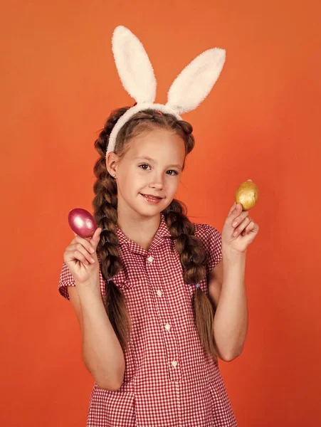 Happy easter. just having fun. spring holiday tradition. ready for hunt. happy childhood. kid in rabbit costume. child in hare ears with painted eggs. teen girl wear bunny ears. Excited about Easter — Stock Photo, Image