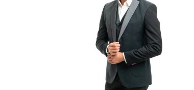 Resmi smokinli beyefendi fotokopi odası olan beyaza izole edilmiş.