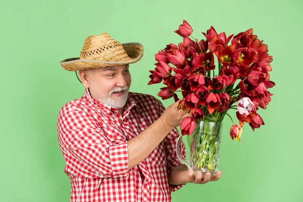 头戴礼帽的积极的老年人拿着绿色背景的春天郁金香花 — 图库照片