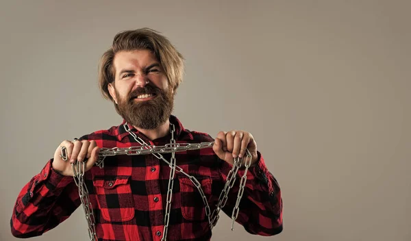 Masculinity. guy with long beard hold chain. brutal mature hipster wear checkered shirt — Stock Photo, Image