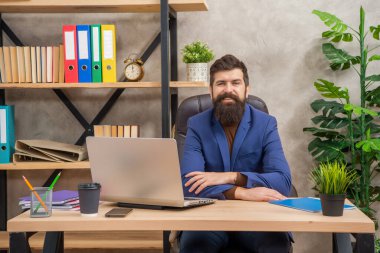 Neşeli yetişkin serbest çalışan ofis ve internet üzerinden bilgisayar iletişimi kullanıyor.