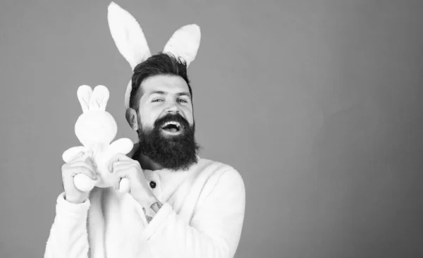 Lapin câlin. Symbolisant le printemps, une nouvelle vie et la fertilité. Homme barbu en costume de lapin de Pâques tenant jouet de lièvre. Homme heureux avec des oreilles de lapin embrassant jouet lapin. Célébration des vacances de printemps, espace copie — Photo