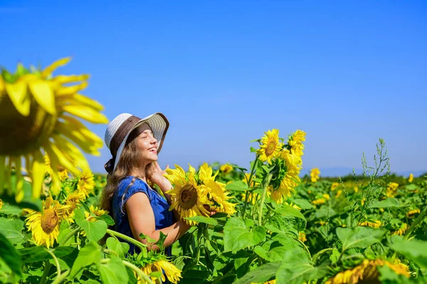 Linda chica en sombrero de paja caminando girasoles granja, cosméticos naturales — Foto de Stock