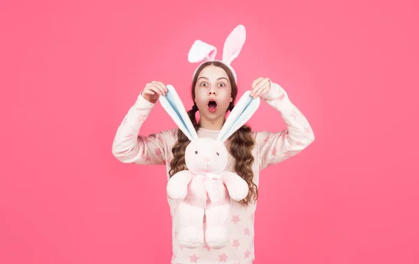 Ears are so cute. surprised teenage girl in sleepwear. bunny hunt. just having fun. — Stock Photo, Image