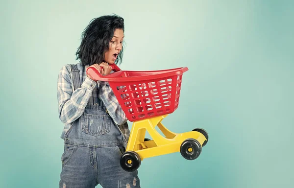 Sorridente hipster feminino com roupas da moda transportar carrinho de compras, sexta-feira preta — Fotografia de Stock