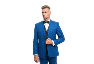 Papyonlu, mavi takım elbiseli olgun bir adam. Beyaz iş adamı. Resmi giyinen beyefendi.