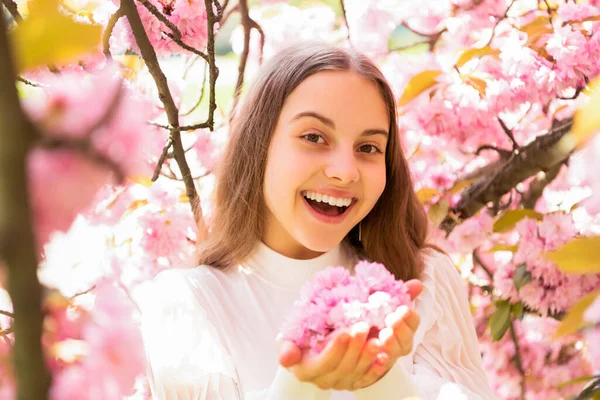 春には桜の花で子供を笑う — ストック写真