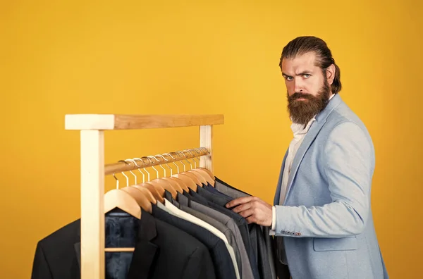 Glamour fashion model. formal dress code. bearded hipster use apparel in male atelier. male wardrobe concept. brutal handsome man with moustache. bride groom on wedding. masculinity and charisma — Stock Photo, Image