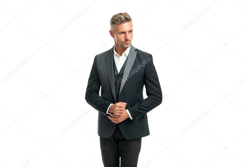 grizzled man in formal tuxedo isolated on white
