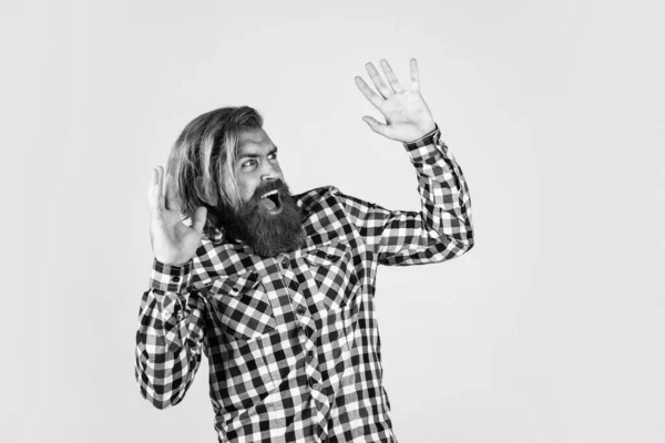 Lord, not that. scared brutal man. male barber care. hair and beard care. mature hipster with beard. brutal caucasian guy with moustache. bearded man wear checkered shirt — Stock Photo, Image